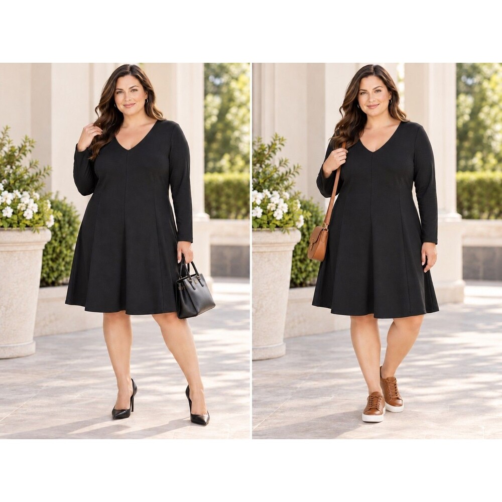 NWT LOFT Plus Women18 Black A Line Midi Dress Long Sleeve Stretch Minimalist